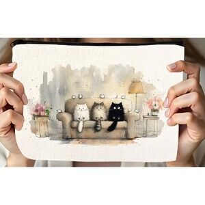 Fluffy Black/Tabby/White‎ Cats Makeup Travel Bag Lightweight Canvas New